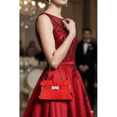 Evening Bag - Pleated Satin w/ Rhinestone Bow - Red - BG-92288R